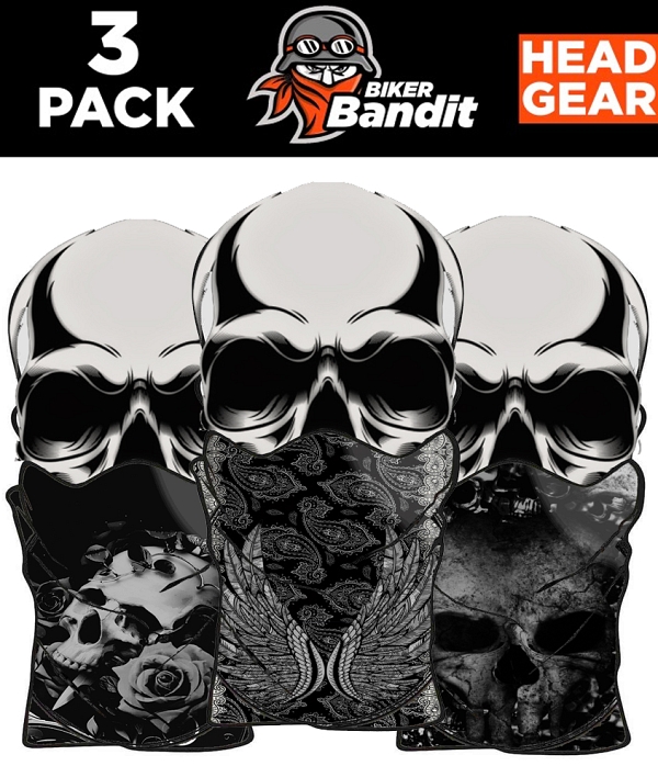 3Er-Pack Biker Bandit Rose Skull Weiß Bandanna Halstuch Nackenwärmer Sturmhaube
