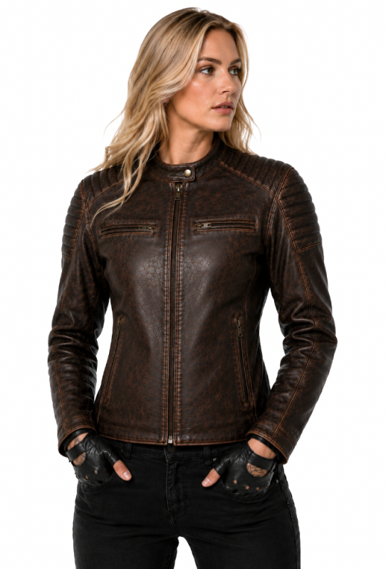 Lady Bandit 92X Premium-Mc-Lederjacke Aus Ziegennappa Ce In Künstlich Gealtertem Braun